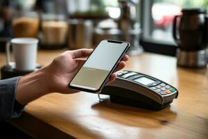 Kunde mit Telefon zum Zahlung beim Cafe Restaurant. generativ ai foto