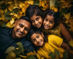 ein indisch Familie posiert zum ein Porträt im Herbst Blätter generativ ai foto