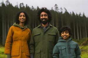 ein indisch Familie posiert zum ein Foto im ein Wald generativ ai