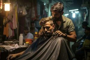 Friseur Schneiden des Mannes Haar auf das Straßen von Indien. generativ ai foto
