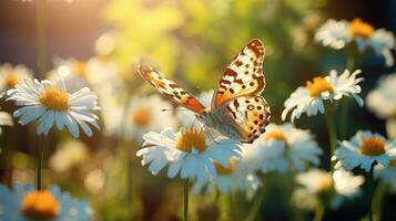 schließen oben hohe Auflösung Bild von Schmetterling auf Gänseblümchen Blume. generativ ai foto