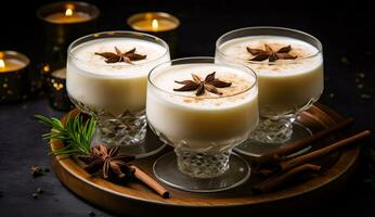 Weihnachten Milch trinken mit Gewürze, Eierlikör, im Glas Gläser, Urlaub Stimmung. ai generiert. foto