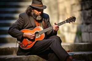 ein Straße Musiker spielen ein Lied auf das Straße. ai generativ foto