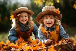 glücklich Kinder spielen mit Herbst Blätter. ai generativ foto