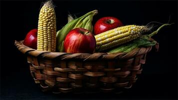 ein Korb gefüllt mit Mais und Tomaten ai generiert foto