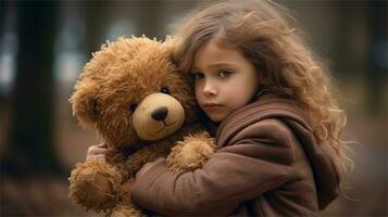 ein wenig Mädchen halten ein Teddy Bär im ihr Hände ai generiert foto