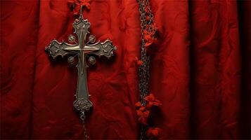 ein Kreuz auf ein rot Stoff mit rot Stoff ai generativ foto