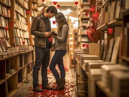 Liebe im das Luft. ein Paar Geschenk Austausch auf Valentinstag Tag. ai generiert foto