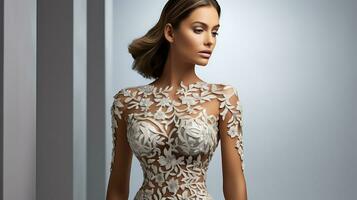 ai generiert Porträt von ein schön Super Modell- im ein stilvoll modisch Mode Figurbetont Kleid. foto