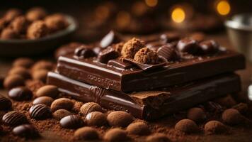 Nahansicht hohe Auflösung Bild von ein herrlich Schokolade Bar mit Kakao Pulver. ai generiert. ai generativ. foto