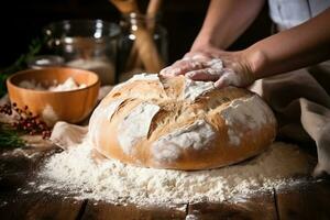 ai generiert Herren Hände im Mehl auf hausgemacht rustikal organisch Brot. hausgemacht Backen. foto