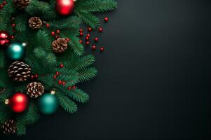 Weihnachten Hintergrund. Dekorationen gemacht von Weihnachten Baum Geäst und Zapfen foto