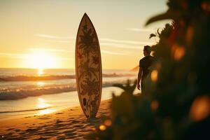 ai generiert schön männlich Surfer mit Surfbrett auf das sandig Strand. Wasser Sport. gesund aktiv Lebensstil. Surfen. extrem Sport. foto