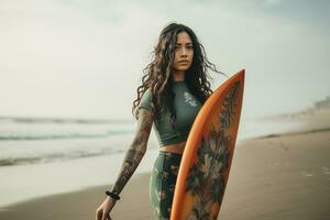 ai generiert schön Surfer Mädchen mit Surfbrett auf das sandig Strand. weiblich Surfer, Wasser Sport. gesund aktiv Lebensstil. Surfen. extrem Sport. foto