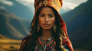 ai generiert ein peruanisch Frau im andean Kleidung foto