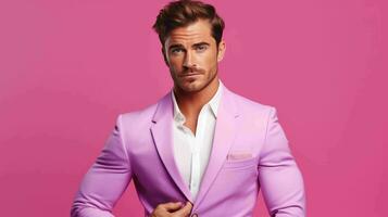 ai generiert glücklich und attraktiv Mann tragen Pastell- Farbe passen mit schön beschwingt Hintergrund foto