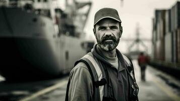 ai generiert Hafenarbeiter beim ein Seehafen foto