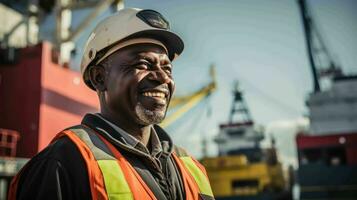 ai generiert Hafenarbeiter beim ein Seehafen foto