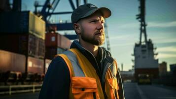 ai generiert Hafenarbeiter beim ein Seehafen foto