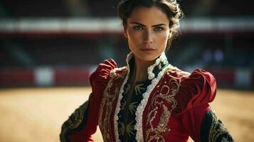 ai generiert ein schön Spanisch Frau Matador im traditionell Kleidung foto