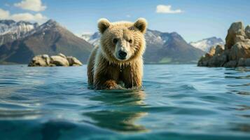 ai generiert ein Bär Schwimmen im das Wasser mit Berge im das Hintergrund foto