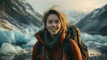 Wanderer Frau mit ihr Rucksack, reisen, schön Berge ai generativ foto