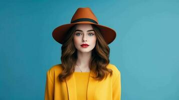 Porträt von ein schön Frau im ein fühlte Hut ai generativ foto
