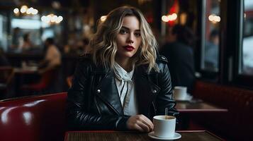 ein schön Mädchen ist Sitzung mit Kaffee im ein Restaurant ai generiert foto