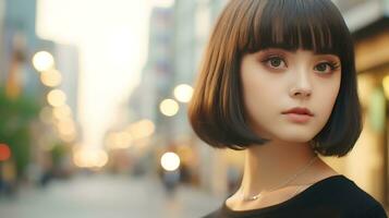 ein ziemlich japanisch Frau mit Französisch Bob Schnitt haarstlye ai generiert foto