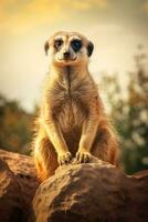 ein Erdmännchen Sitzung auf oben von ein groß Felsen ai generiert foto