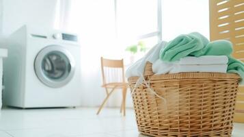 ai generiert Kleidung Pflege - - Wäsche Korb und schmutzig Kleider beim das Waschen Maschine - - generativ ai foto