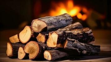 gemütlich Kamin mit Holzstapel - - generativ ai foto