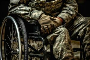 ai generiert Stärke im Unglück - - Soldat im Rollstuhl tragen Uniform - - generativ ai foto