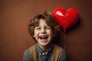 ai generiert glücklich wenig Junge mit rot Herzen auf Valentinstag Tag. foto