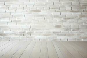ai generiert Holz Fußboden mit Weiß Backstein Mauer mit Beleuchtung Muster Textur Hintergrund foto