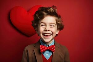 ai generiert glücklich wenig Junge mit rot Herzen auf Valentinstag Tag. foto