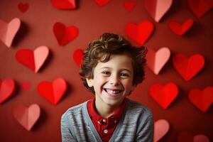 ai generiert glücklich wenig Junge mit rot Herzen auf Valentinstag Tag. foto