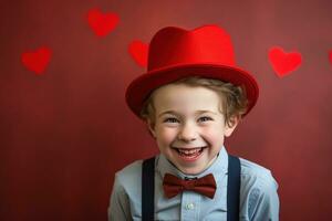 ai generiert glücklich wenig Junge mit rot Herzen auf Valentinstag Tag. foto