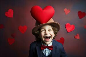 ai generiert glücklich wenig Junge mit rot Herzen auf Valentinstag Tag. foto