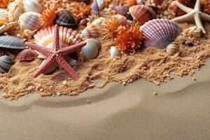 Meer Sommer- Ferien Konzept. Meer Sand mit bunt Seesterne, Muscheln, Korallen und trocken Seetang. Gruß Karte von Ihre Strand Urlaube. ai generiert foto