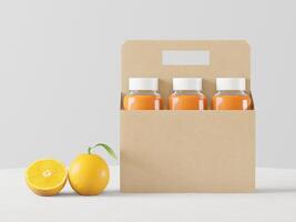 eine Flasche zum Verpacken von Orangensaft mit Orangen. foto