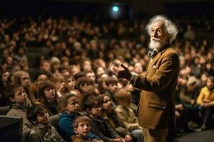 Vorlesung im ein Universität Auditorium zu ein Gruppe von Studenten durch ein grau haarig Professor Lehrer. ai generiert. foto