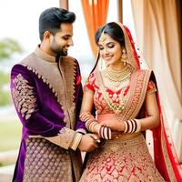 ai generiert indisch Bräutigam gekleidet im Weiß Sherwani und rot Hut mit atemberaubend Braut im rot Lehenga Stand und halt jeder Hände Gehen draußen foto