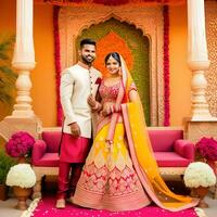 ai generiert indisch Bräutigam gekleidet im Weiß Sherwani und rot Hut mit atemberaubend Braut im rot Lehenga Stand und halt jeder Hände Gehen draußen foto