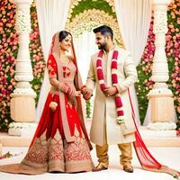 ai generiert indisch Bräutigam gekleidet im Weiß Sherwani und rot Hut mit atemberaubend Braut im rot Lehenga Stand und halt jeder Hände Gehen draußen foto