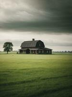 ai generiert hölzern Bauernhof Haus im Grün Feld, Landschaft, Illustration, retro foto