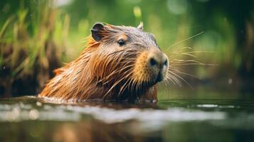 ai generiert Capybara im üppig Feuchtgebiet Umgebung foto