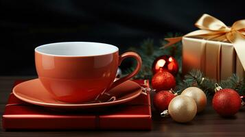 ai generiert Neu Jahre Tasse trinken im Vorderseite von das Weihnachten Hintergrund. Winter Ferien Konzept. erstellt mit generativ ai foto