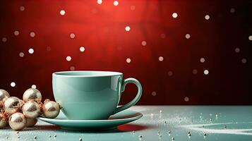 ai generiert Neu Jahre Tasse trinken im Vorderseite von das Weihnachten Hintergrund. Winter Ferien Konzept. erstellt mit generativ ai foto