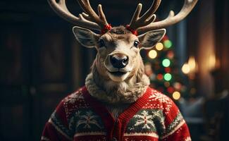 ai generiert ein süß lächelnd Rentier mit Weihnachten Pullover. foto